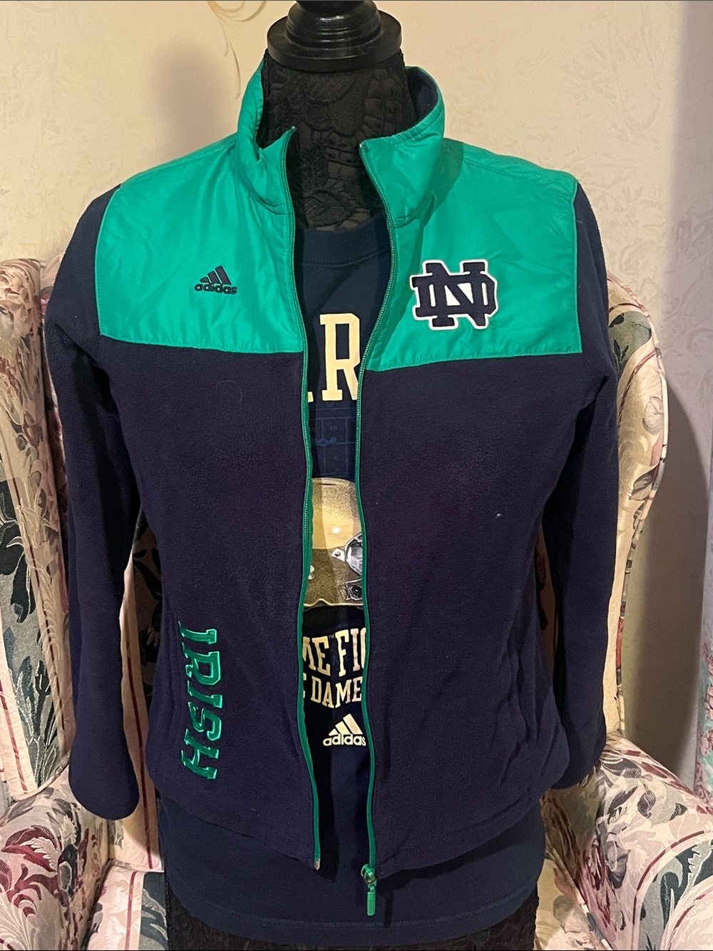 adidas Navy and Teal Notre Dame Full-Zip Bomber Jacket